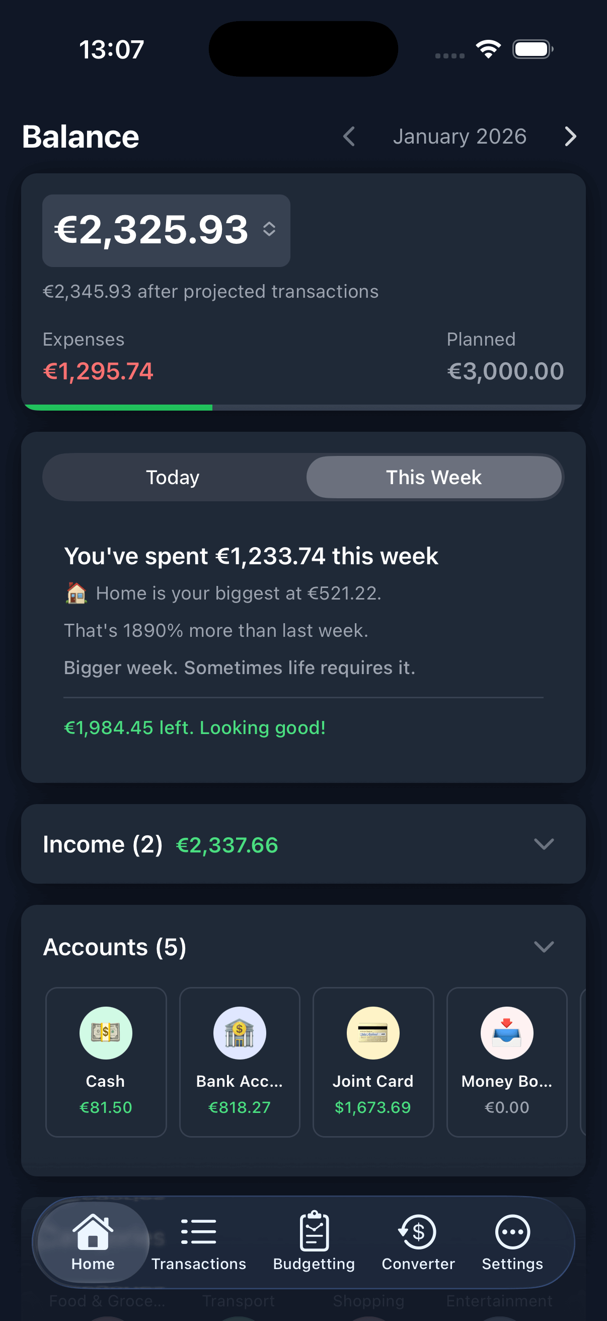 WithinBudget app dashboard showing balance and expenses
