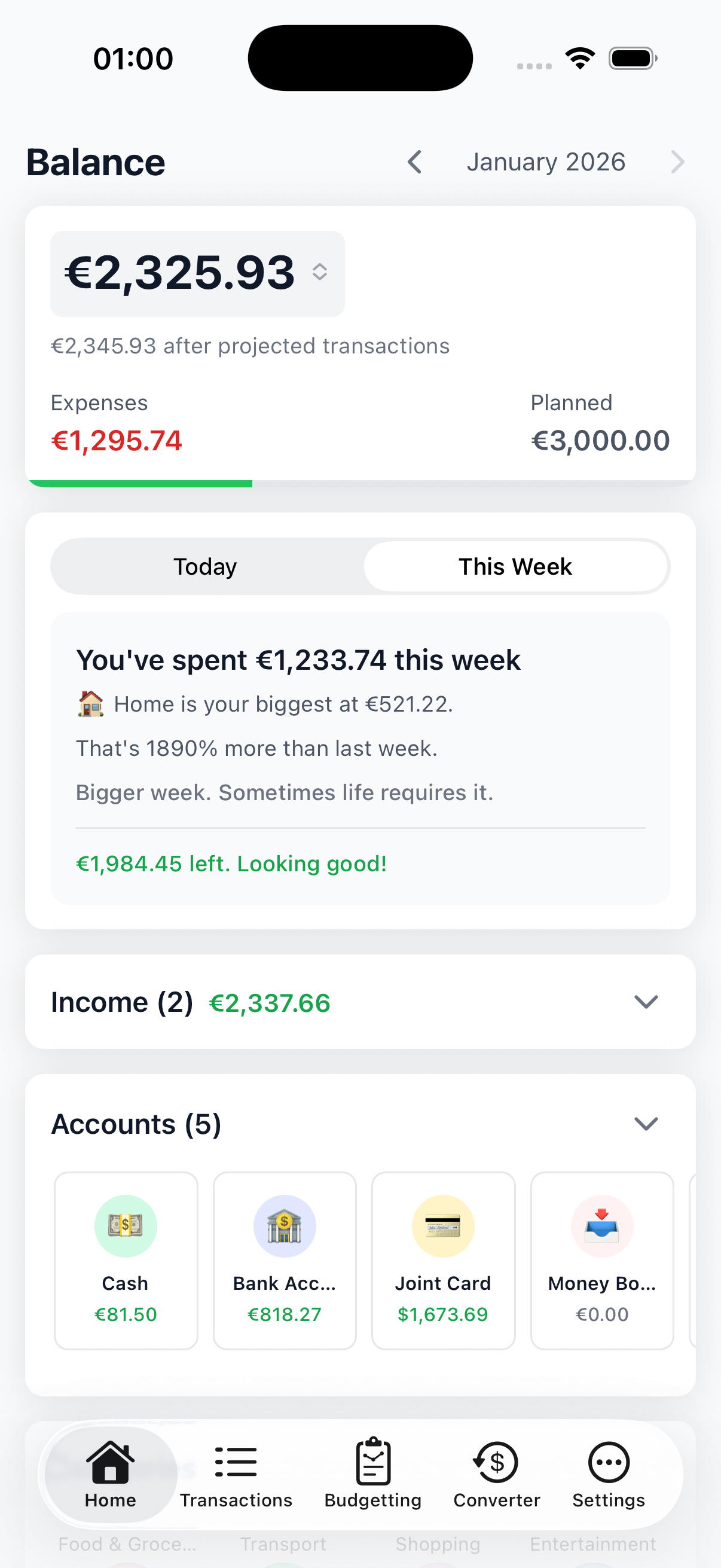 WithinBudget app dashboard showing balance and expenses